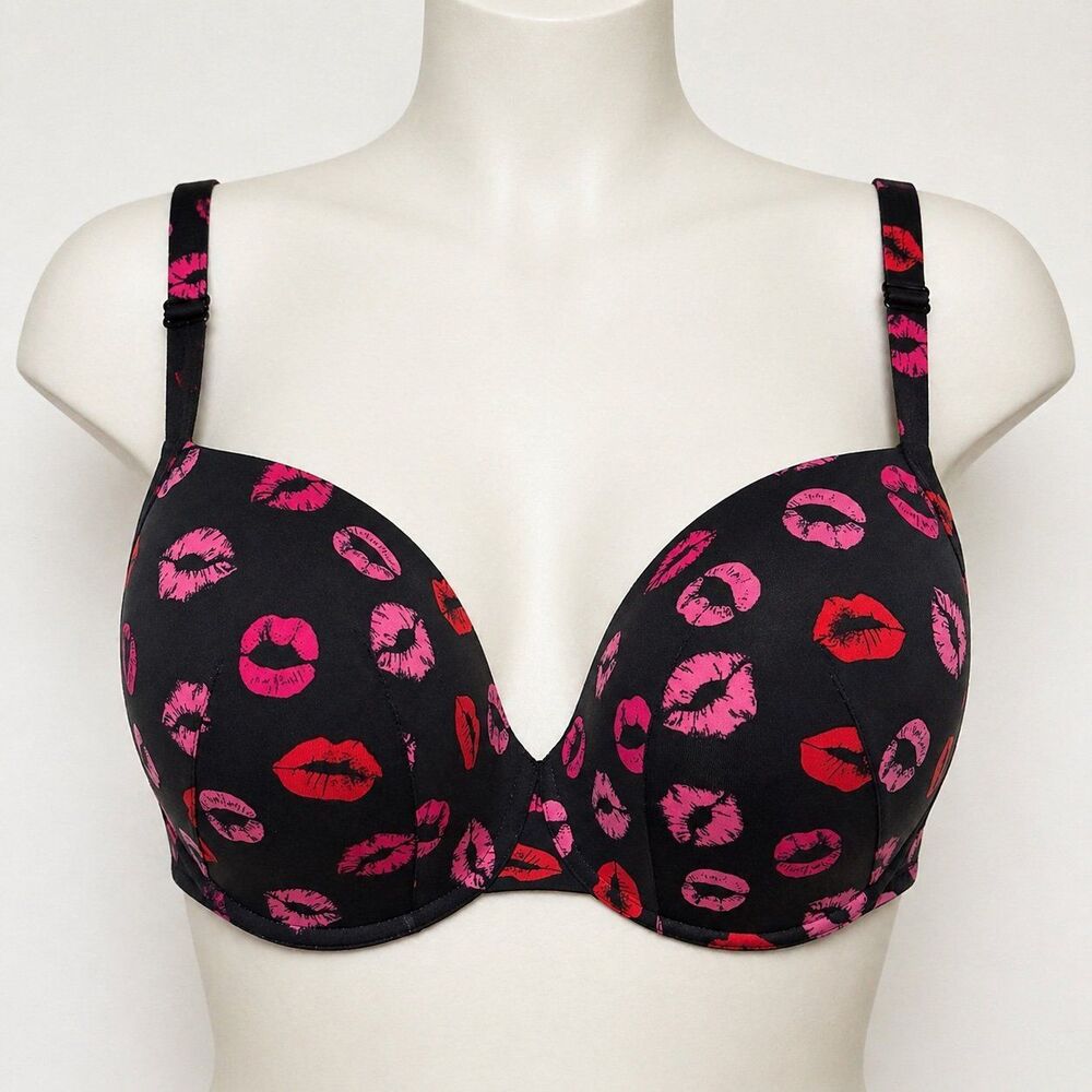 Cacique 42DDD Black Lip Print Bra Full Coverage Underwire Sexy Fun